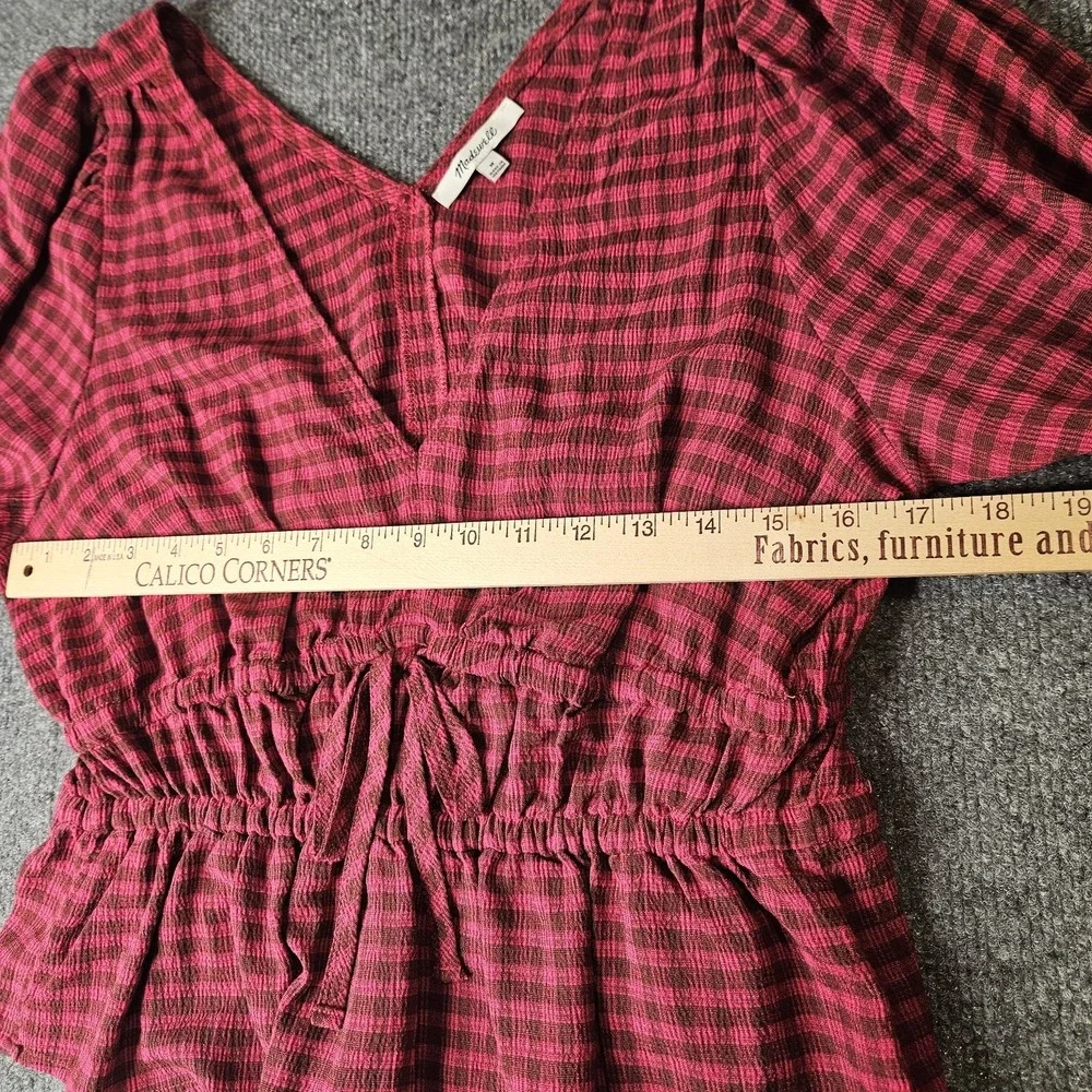 Madewell‎ Saffi Top Longsleeve Peplum Check Puff Sleeve Size Medium